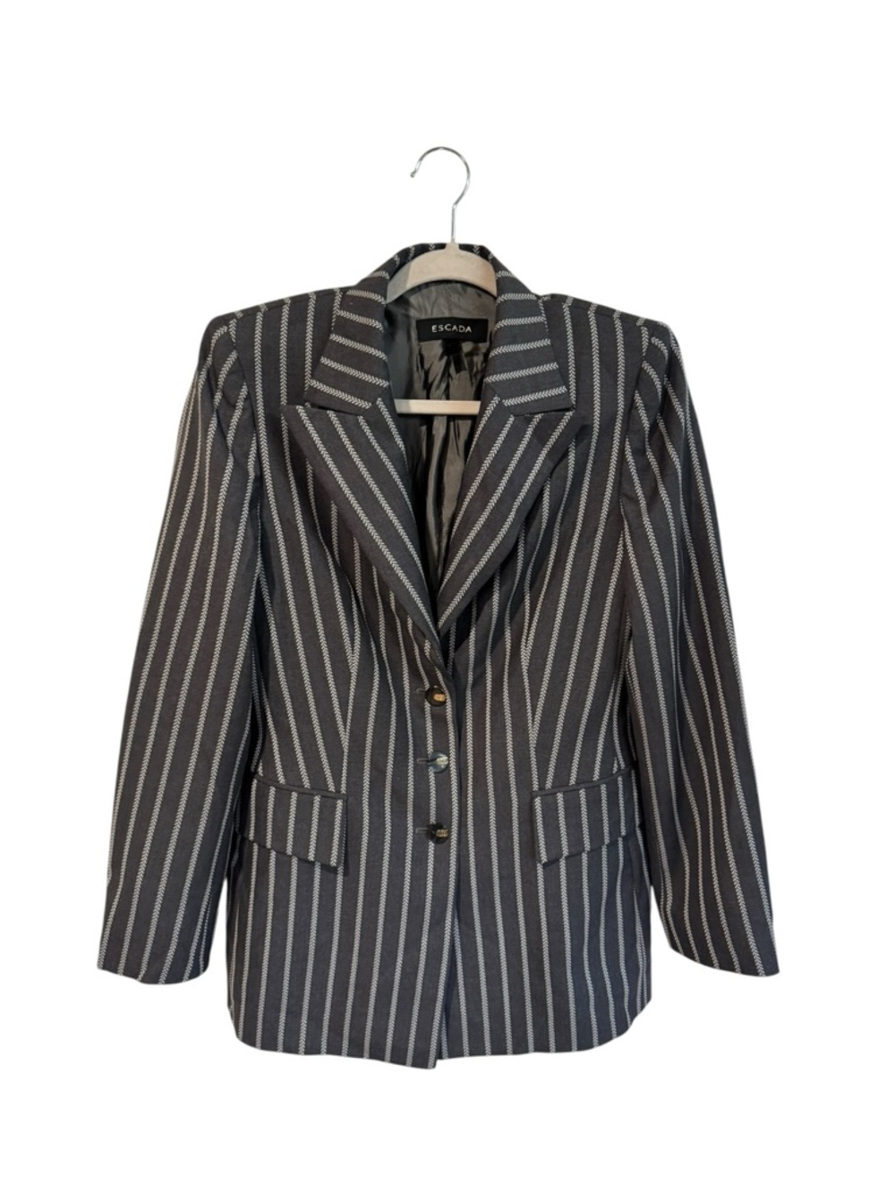 ESCADA Wool Blazer Size 38 Gray Striped Designer Jacket Tailored Fit Elegant